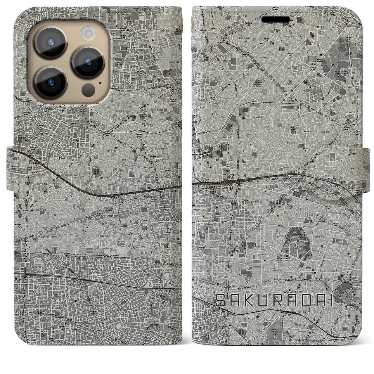 【桜台(東京都)】地図柄iPhoneケース(手帳タイプ)モノトーン・iPhone 14 Pro Max 用