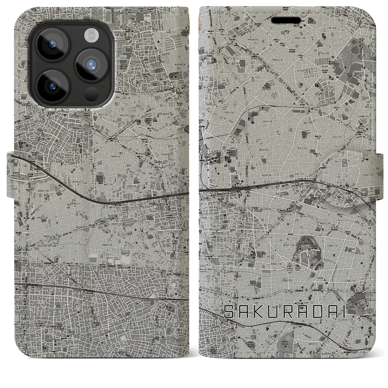 【桜台(東京都)】地図柄iPhoneケース(手帳タイプ)モノトーン・iPhone 15 Pro Max 用