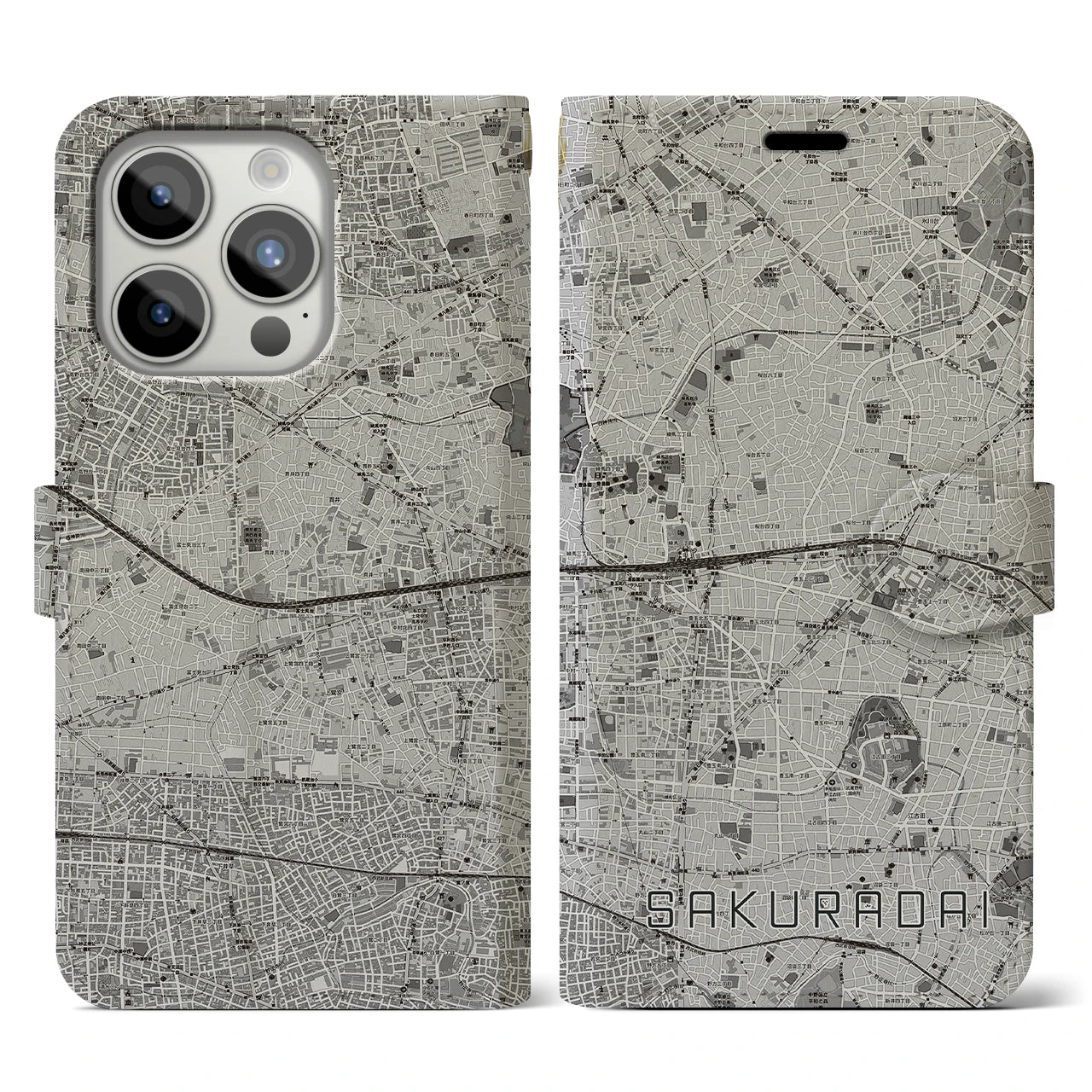 【桜台(東京都)】地図柄iPhoneケース(手帳タイプ)モノトーン・iPhone 15 Pro 用