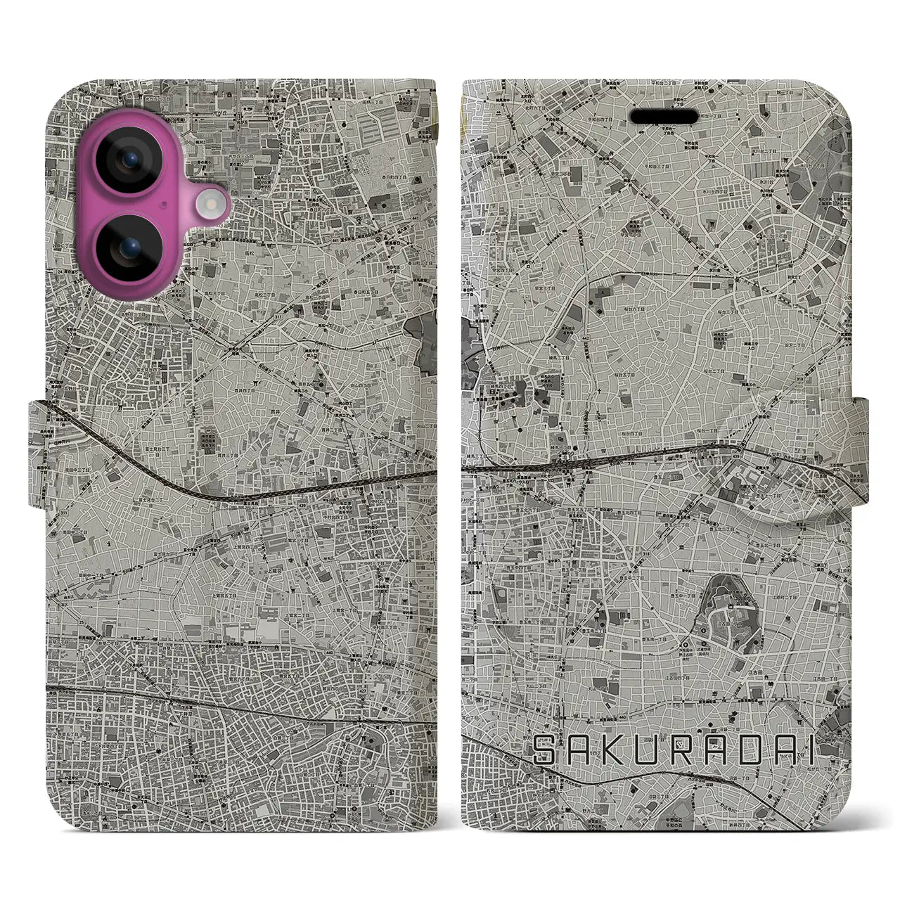 【桜台(東京都)】地図柄iPhoneケース(手帳タイプ)モノトーン・iPhone 16 Pro 用