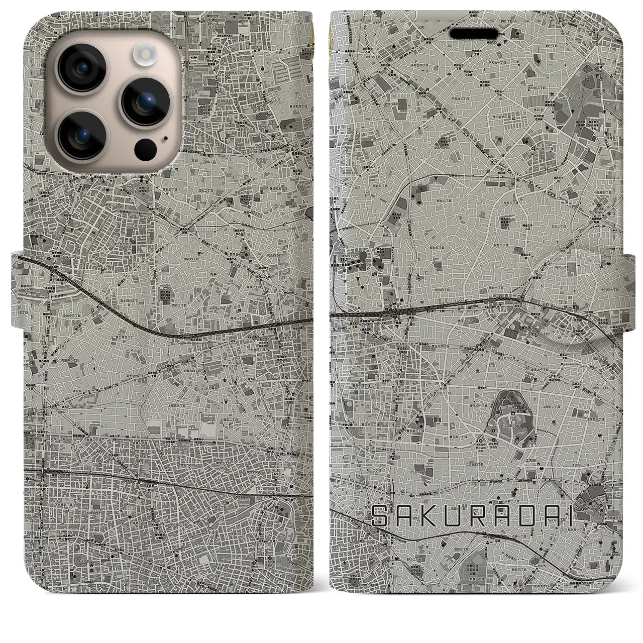 【桜台(東京都)】地図柄iPhoneケース(手帳タイプ)モノトーン・iPhone 16 Plus 用