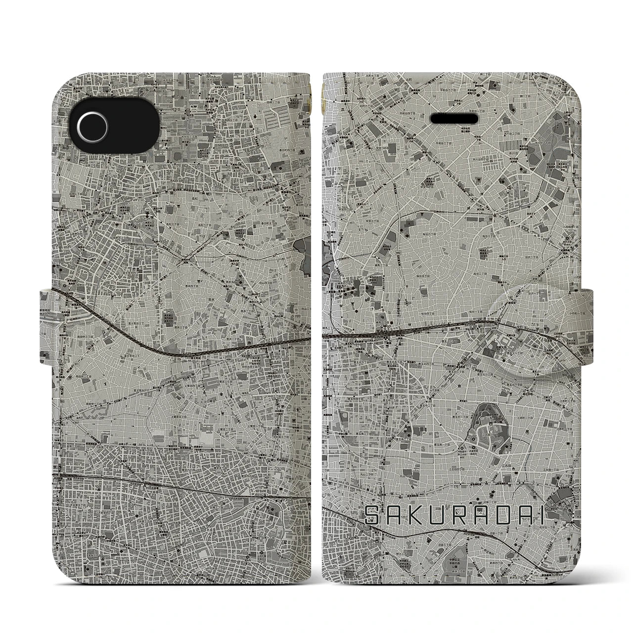 【桜台(東京都)】地図柄iPhoneケース(手帳タイプ)モノトーン・iPhone SE(第3 / 第2世代) / 8 / 7 / 6s / 6 用