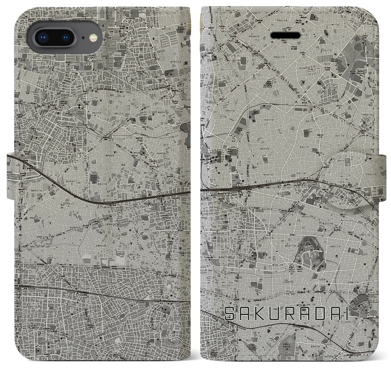【桜台(東京都)】地図柄iPhoneケース(手帳タイプ)モノトーン・iPhone 8Plus /7Plus / 6sPlus / 6Plus 用