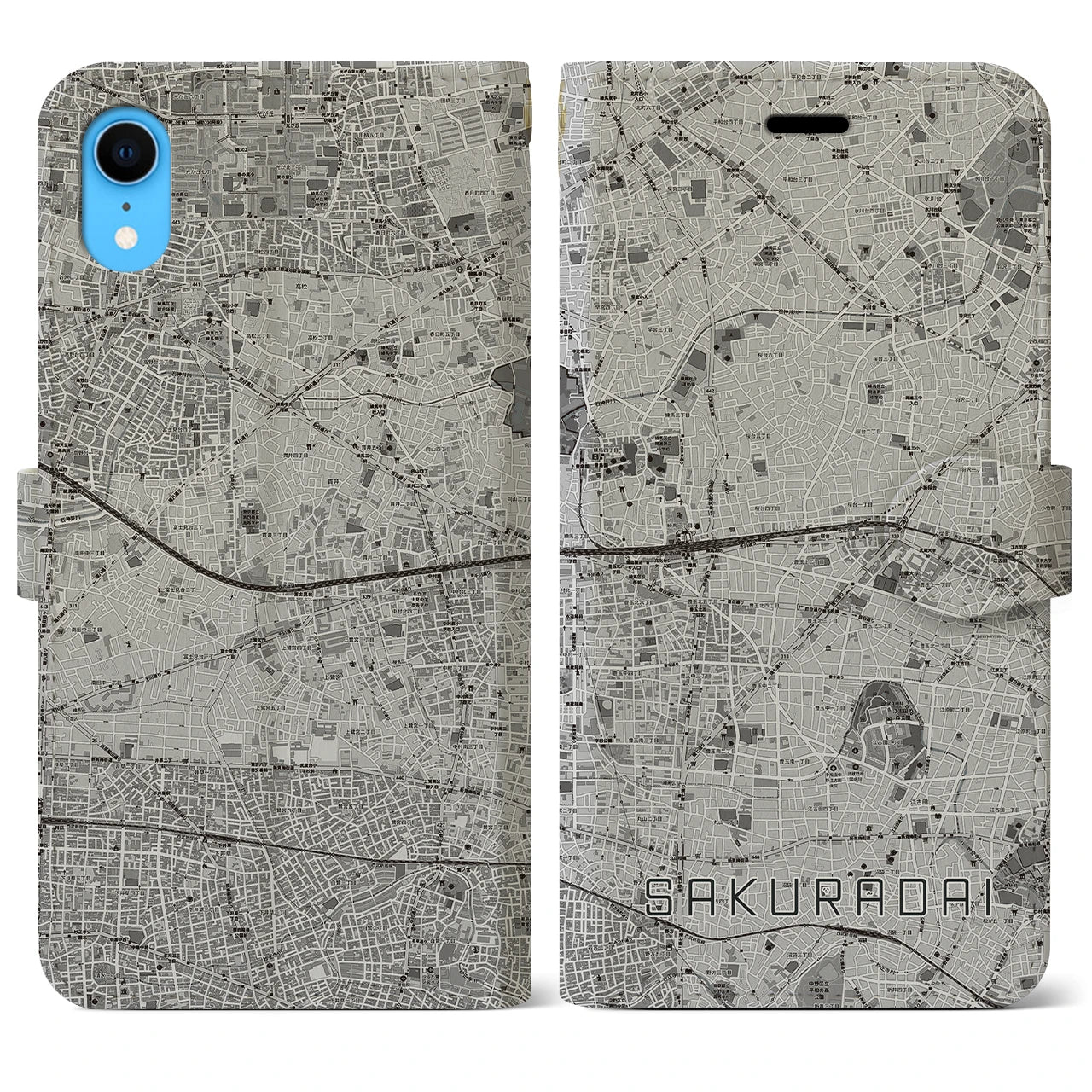 【桜台(東京都)】地図柄iPhoneケース(手帳タイプ)モノトーン・iPhone XR 用