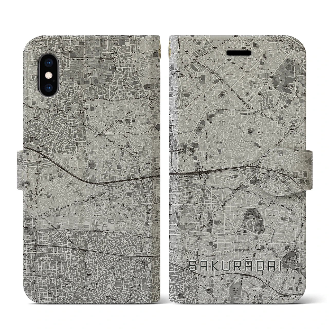 【桜台(東京都)】地図柄iPhoneケース(手帳タイプ)モノトーン・iPhone XS / X 用