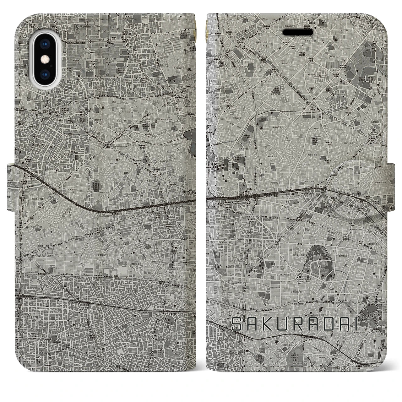 【桜台(東京都)】地図柄iPhoneケース(手帳タイプ)モノトーン・iPhone XS Max 用