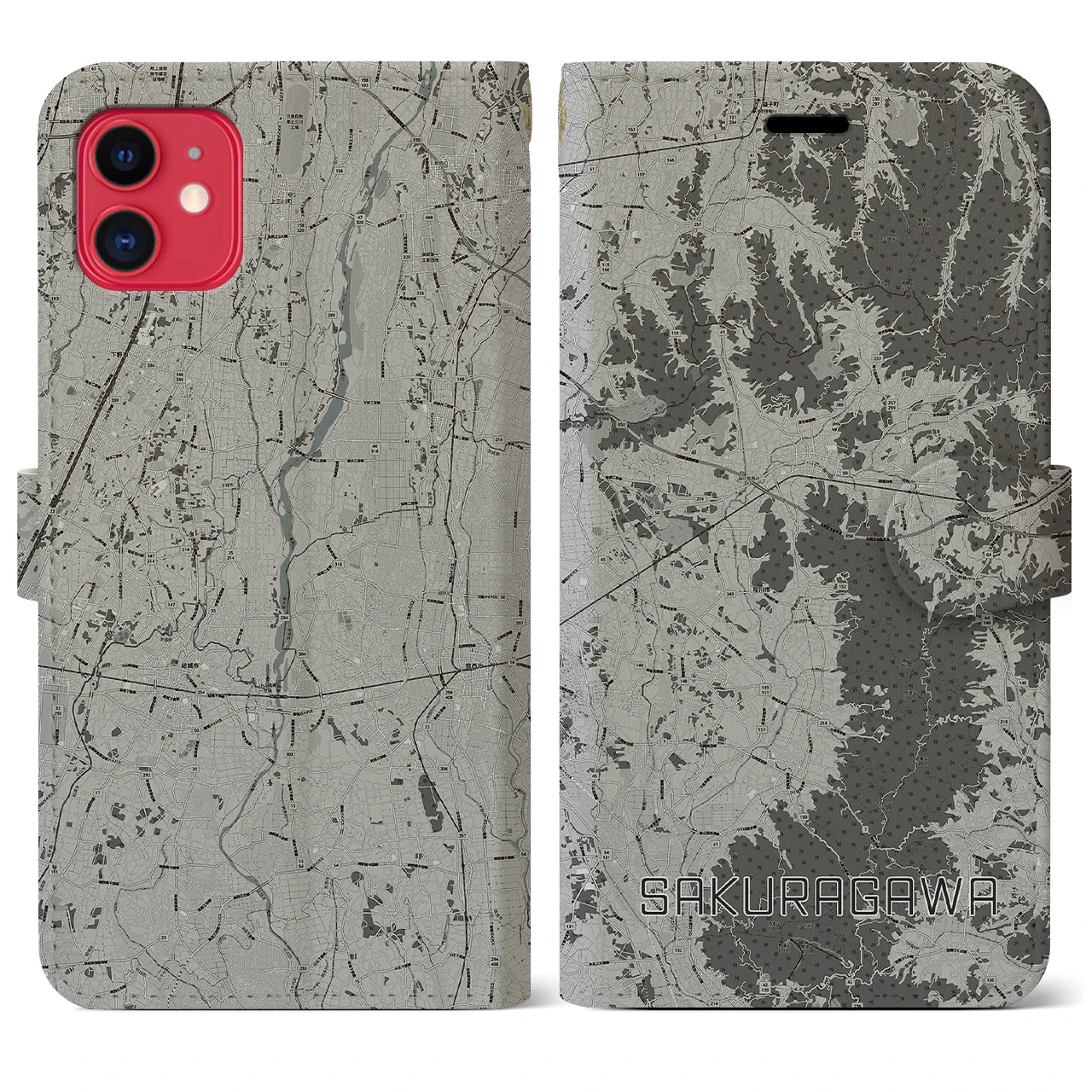 【桜川(茨城県)】地図柄iPhoneケース(手帳タイプ)モノトーン・iPhone 11 用