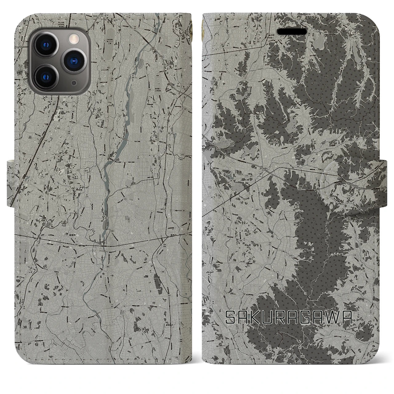 【桜川(茨城県)】地図柄iPhoneケース(手帳タイプ)モノトーン・iPhone 11 Pro Max 用