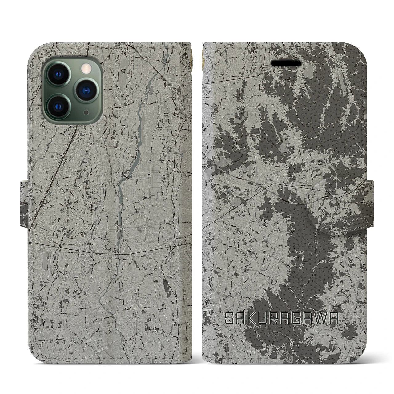 【桜川(茨城県)】地図柄iPhoneケース(手帳タイプ)モノトーン・iPhone 11 Pro 用