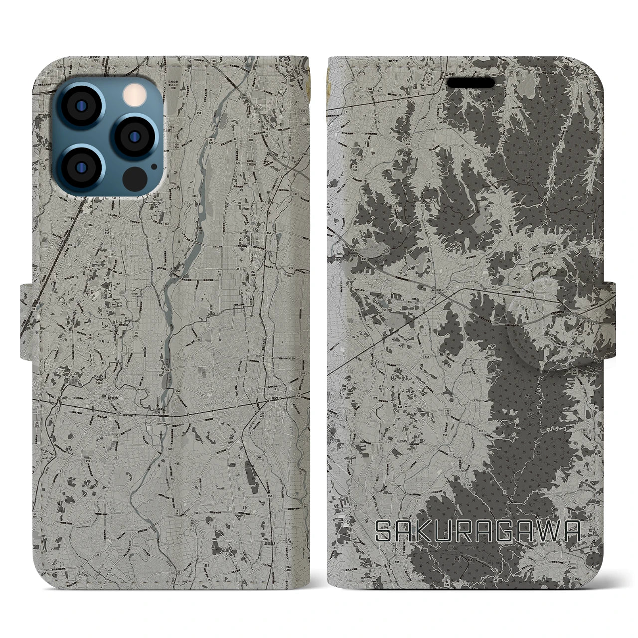【桜川(茨城県)】地図柄iPhoneケース(手帳タイプ)モノトーン・iPhone 12 / 12 Pro 用
