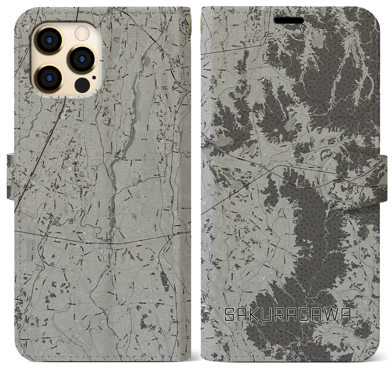 【桜川(茨城県)】地図柄iPhoneケース(手帳タイプ)モノトーン・iPhone 12 Pro Max 用