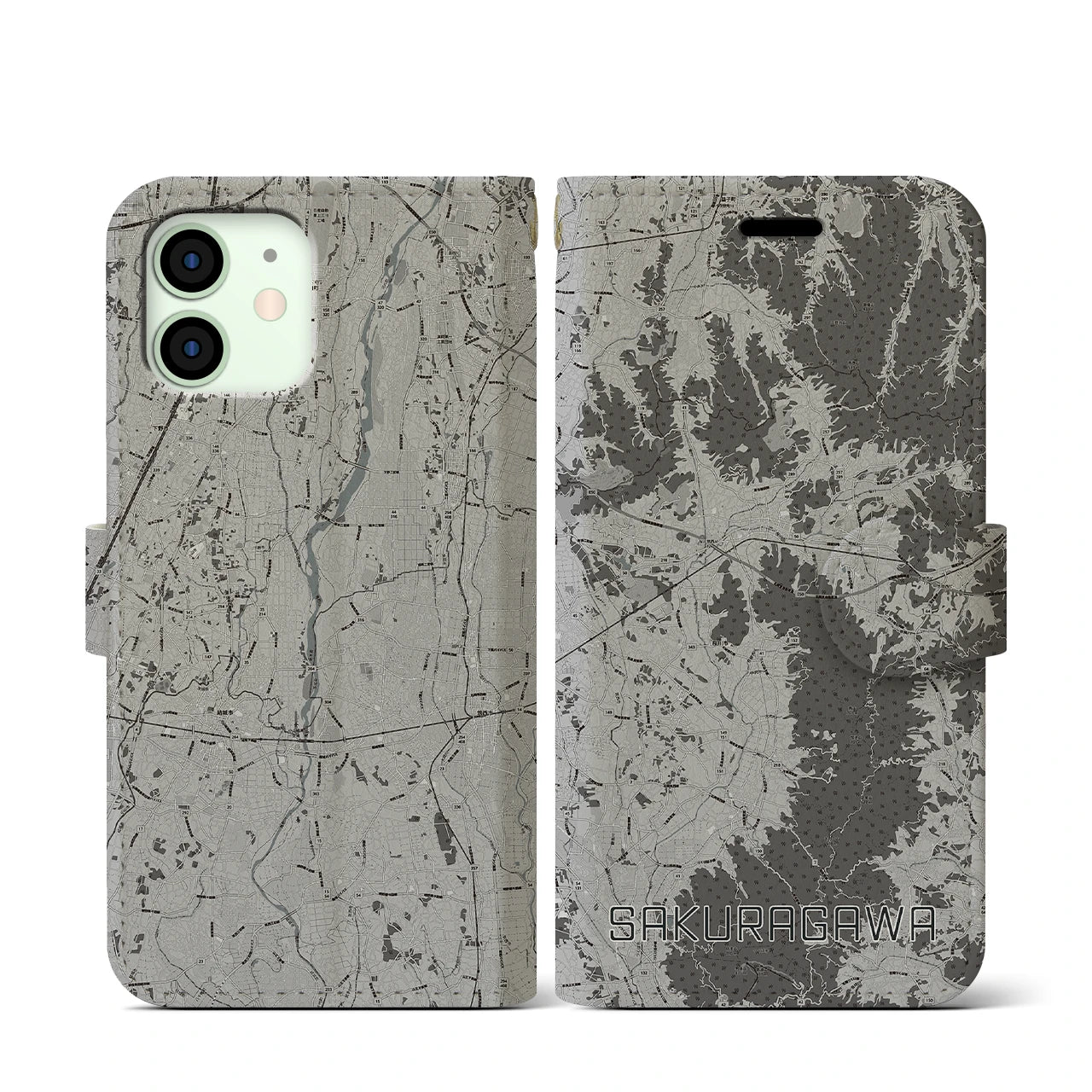 【桜川(茨城県)】地図柄iPhoneケース(手帳タイプ)モノトーン・iPhone 12 mini 用