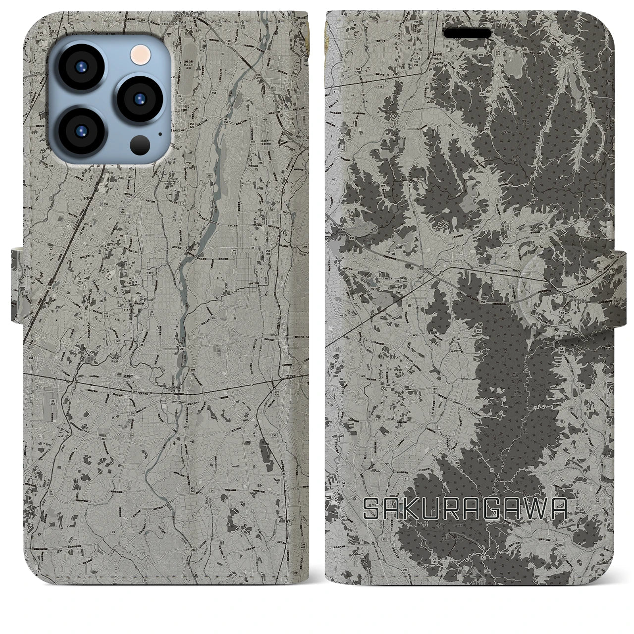 【桜川(茨城県)】地図柄iPhoneケース(手帳タイプ)モノトーン・iPhone 13 Pro Max 用