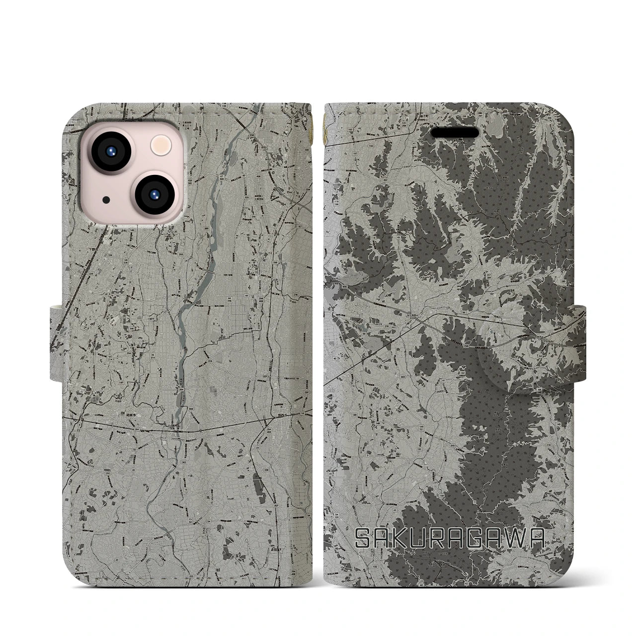 【桜川(茨城県)】地図柄iPhoneケース(手帳タイプ)モノトーン・iPhone 13 mini 用