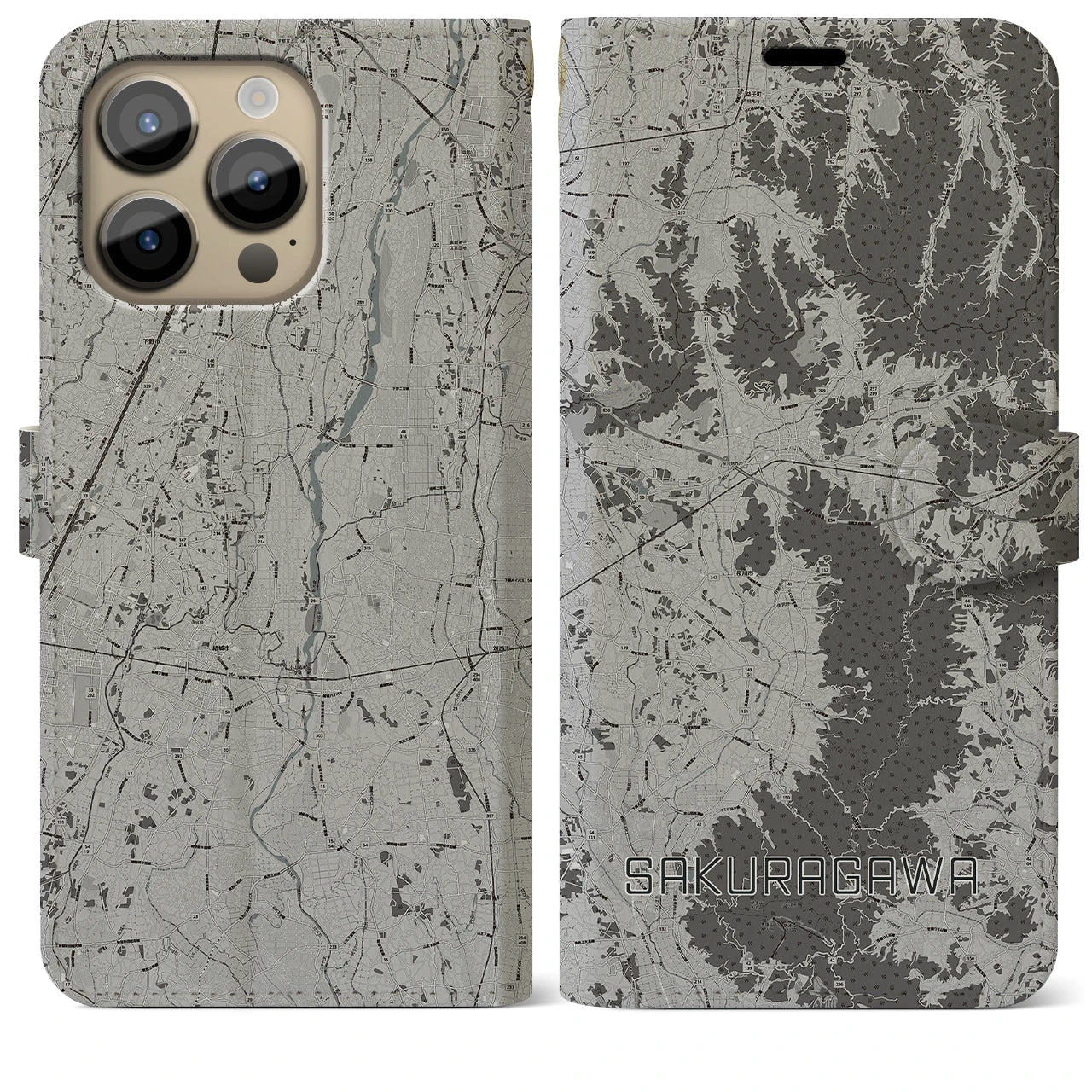 【桜川(茨城県)】地図柄iPhoneケース(手帳タイプ)モノトーン・iPhone 14 Pro Max 用