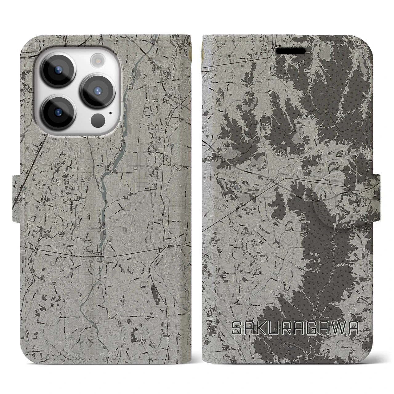 【桜川(茨城県)】地図柄iPhoneケース(手帳タイプ)モノトーン・iPhone 14 Pro 用