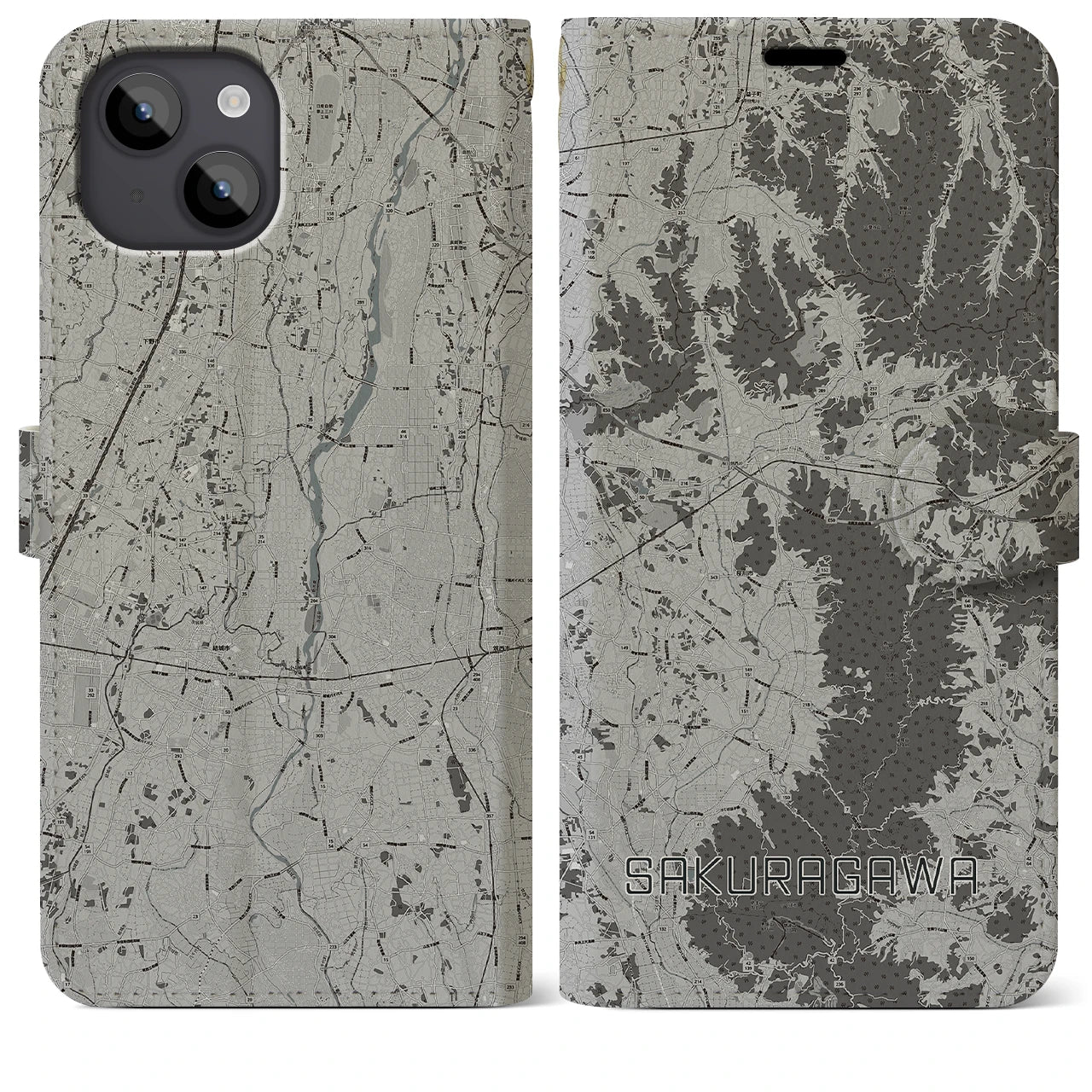 【桜川(茨城県)】地図柄iPhoneケース(手帳タイプ)モノトーン・iPhone 14 Plus 用
