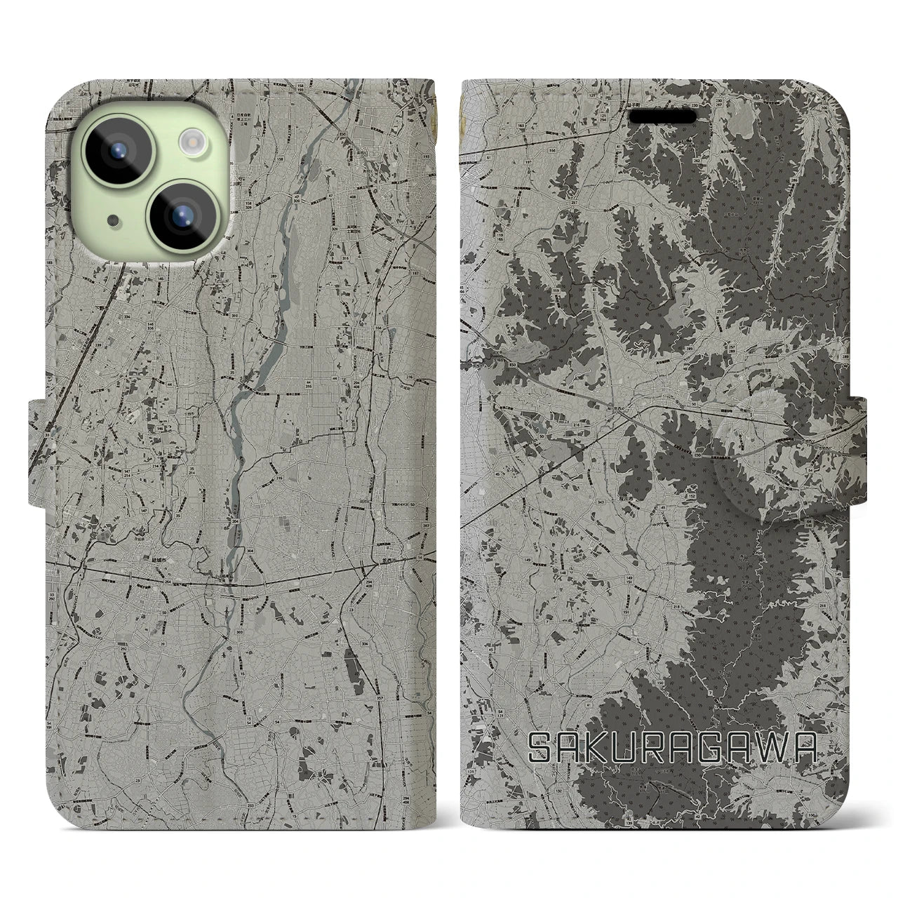 【桜川(茨城県)】地図柄iPhoneケース(手帳タイプ)モノトーン・iPhone 15 用