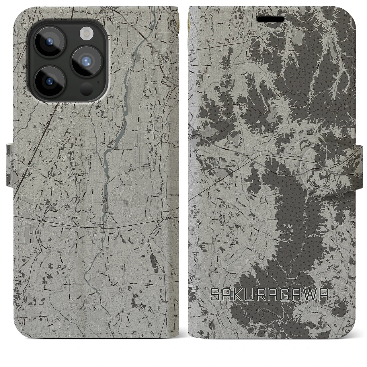 【桜川(茨城県)】地図柄iPhoneケース(手帳タイプ)モノトーン・iPhone 15 Pro Max 用