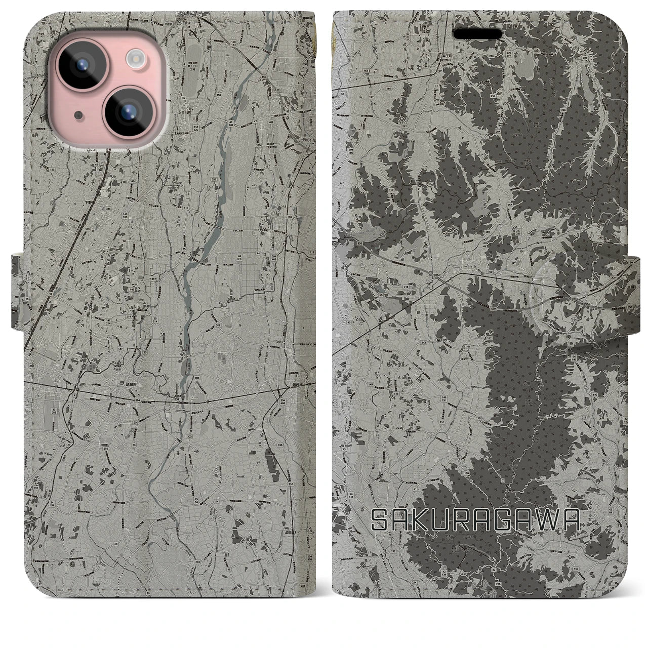 【桜川(茨城県)】地図柄iPhoneケース(手帳タイプ)モノトーン・iPhone 15 Plus 用