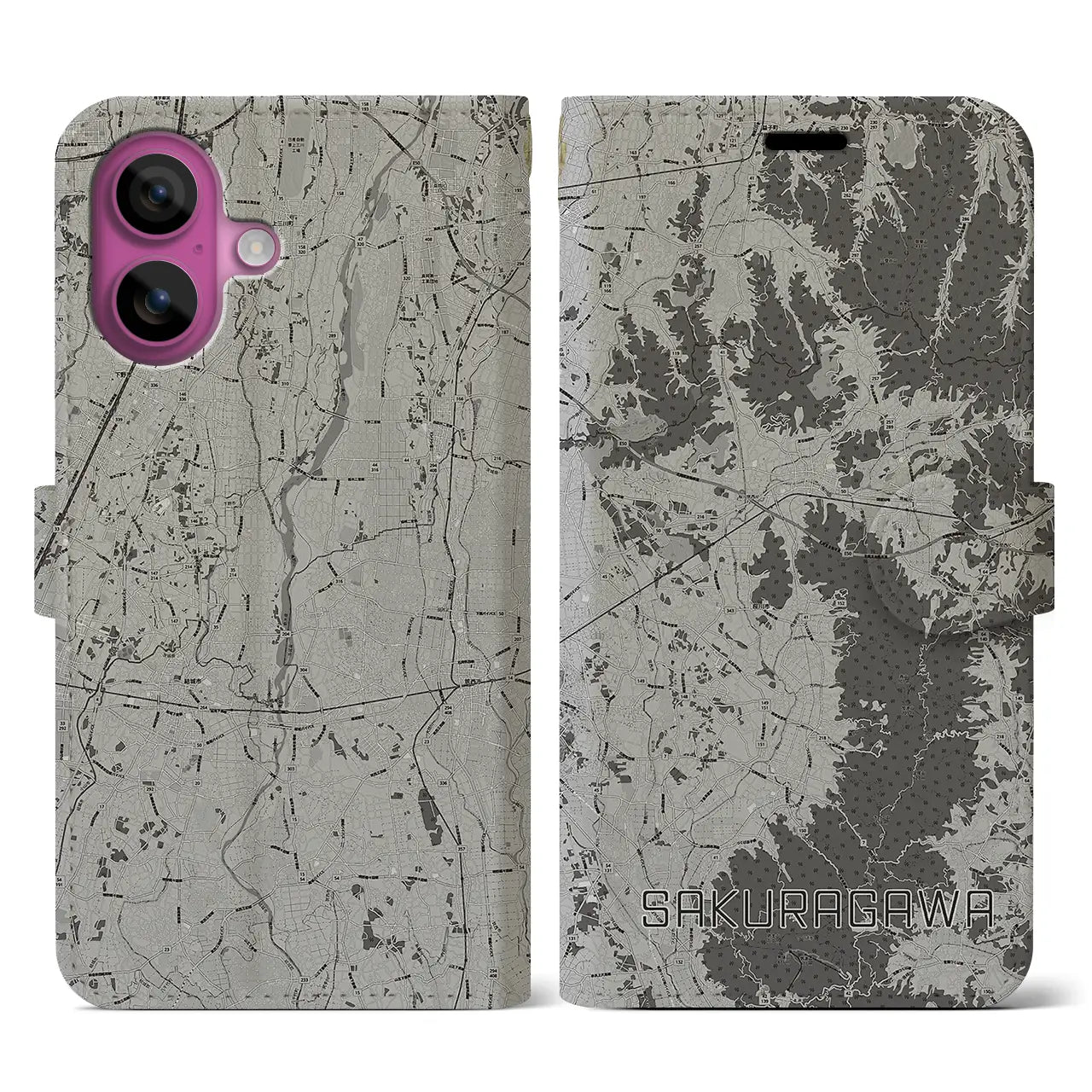 【桜川(茨城県)】地図柄iPhoneケース(手帳タイプ)モノトーン・iPhone 16 Pro 用