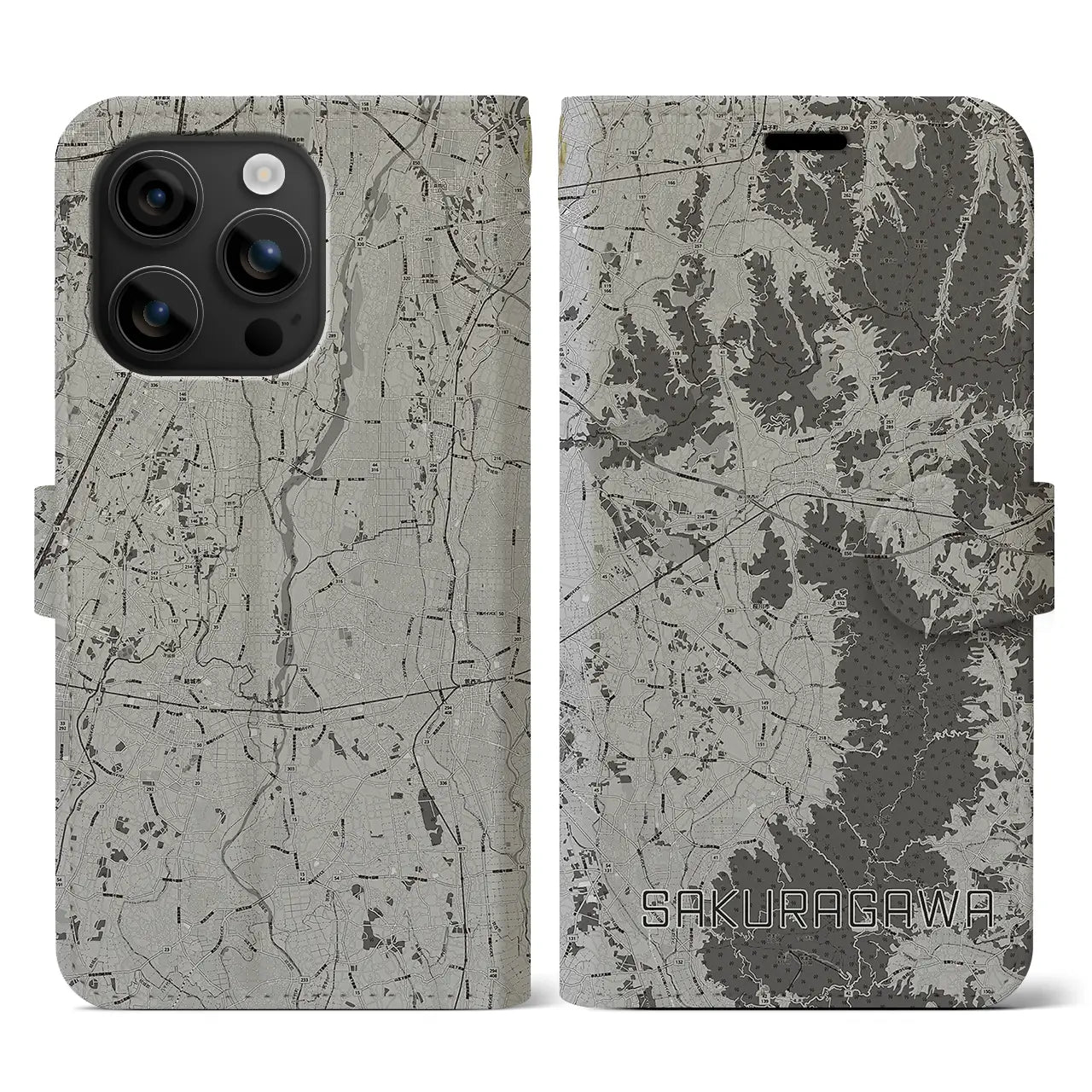 【桜川(茨城県)】地図柄iPhoneケース(手帳タイプ)モノトーン・iPhone 16 用