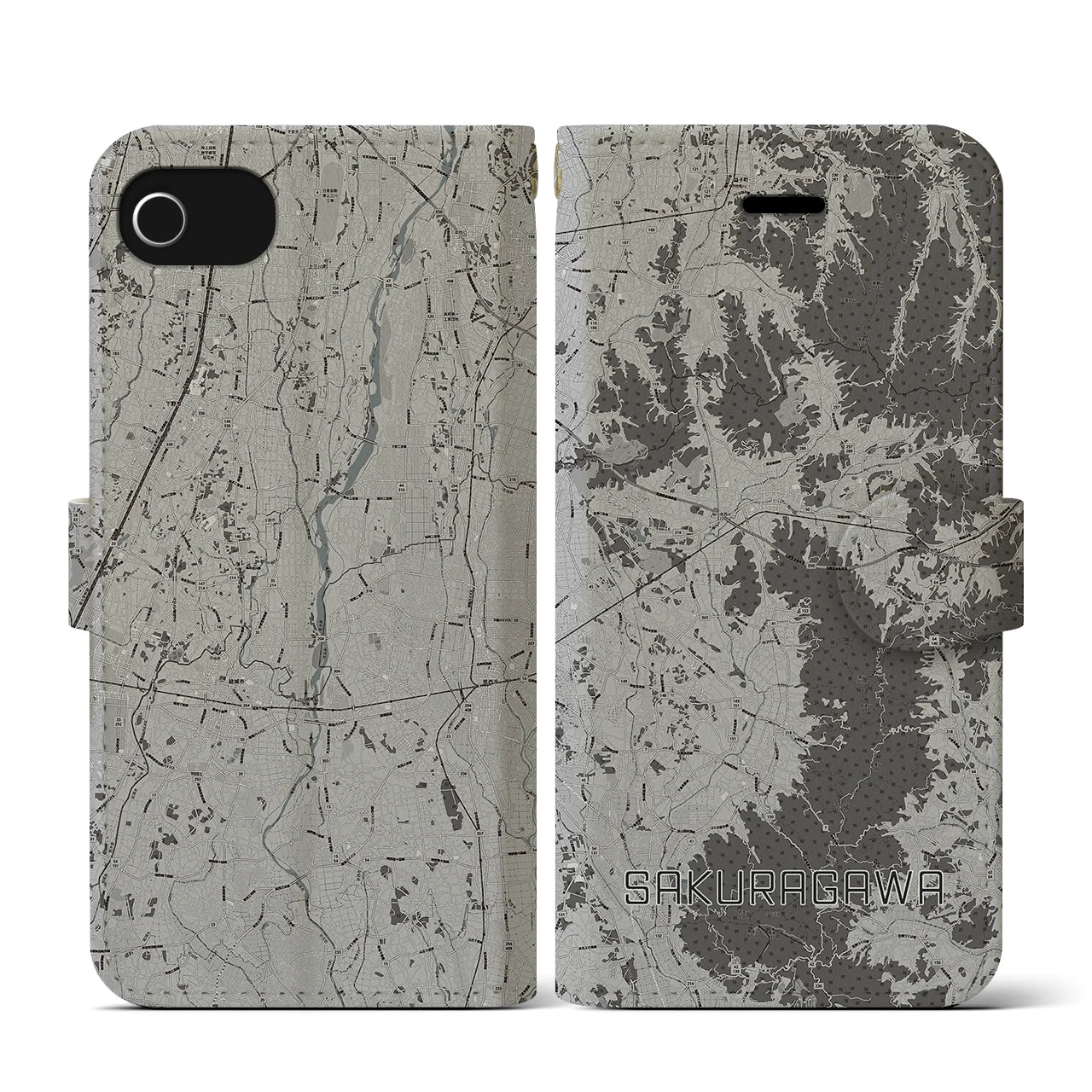 【桜川(茨城県)】地図柄iPhoneケース(手帳タイプ)モノトーン・iPhone SE(第3 / 第2世代) / 8 / 7 / 6s / 6 用