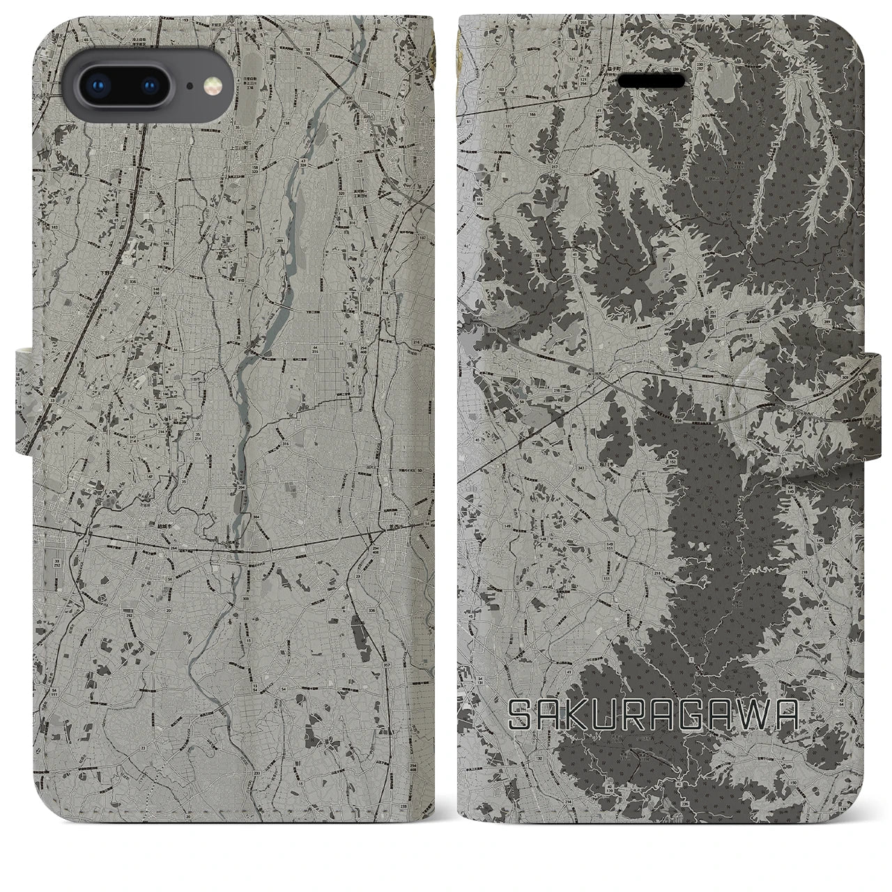 【桜川(茨城県)】地図柄iPhoneケース(手帳タイプ)モノトーン・iPhone 8Plus /7Plus / 6sPlus / 6Plus 用