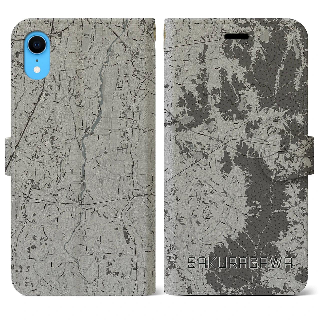 【桜川(茨城県)】地図柄iPhoneケース(手帳タイプ)モノトーン・iPhone XR 用