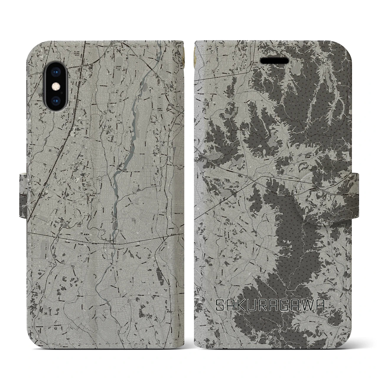 【桜川(茨城県)】地図柄iPhoneケース(手帳タイプ)モノトーン・iPhone XS / X 用
