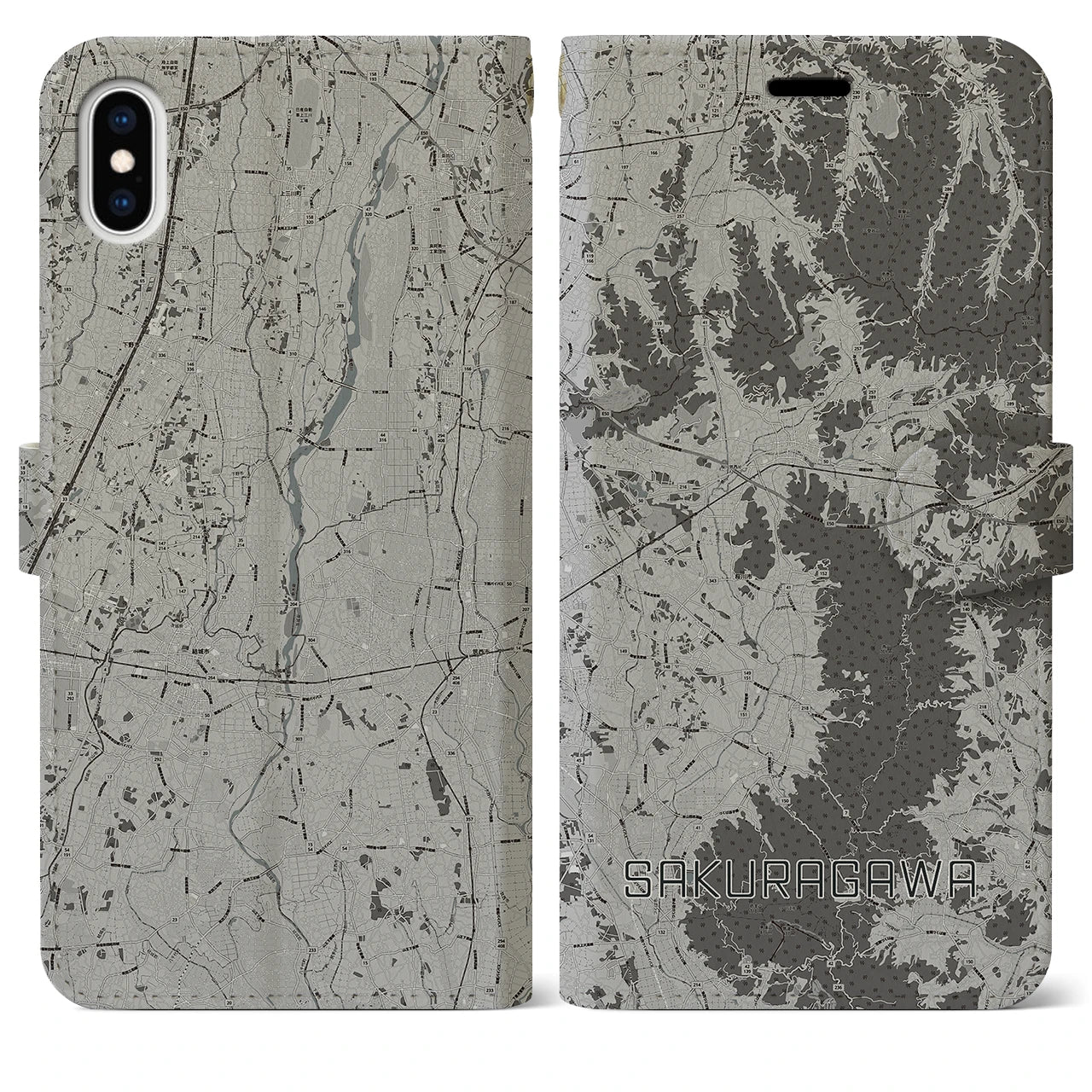 【桜川(茨城県)】地図柄iPhoneケース(手帳タイプ)モノトーン・iPhone XS Max 用