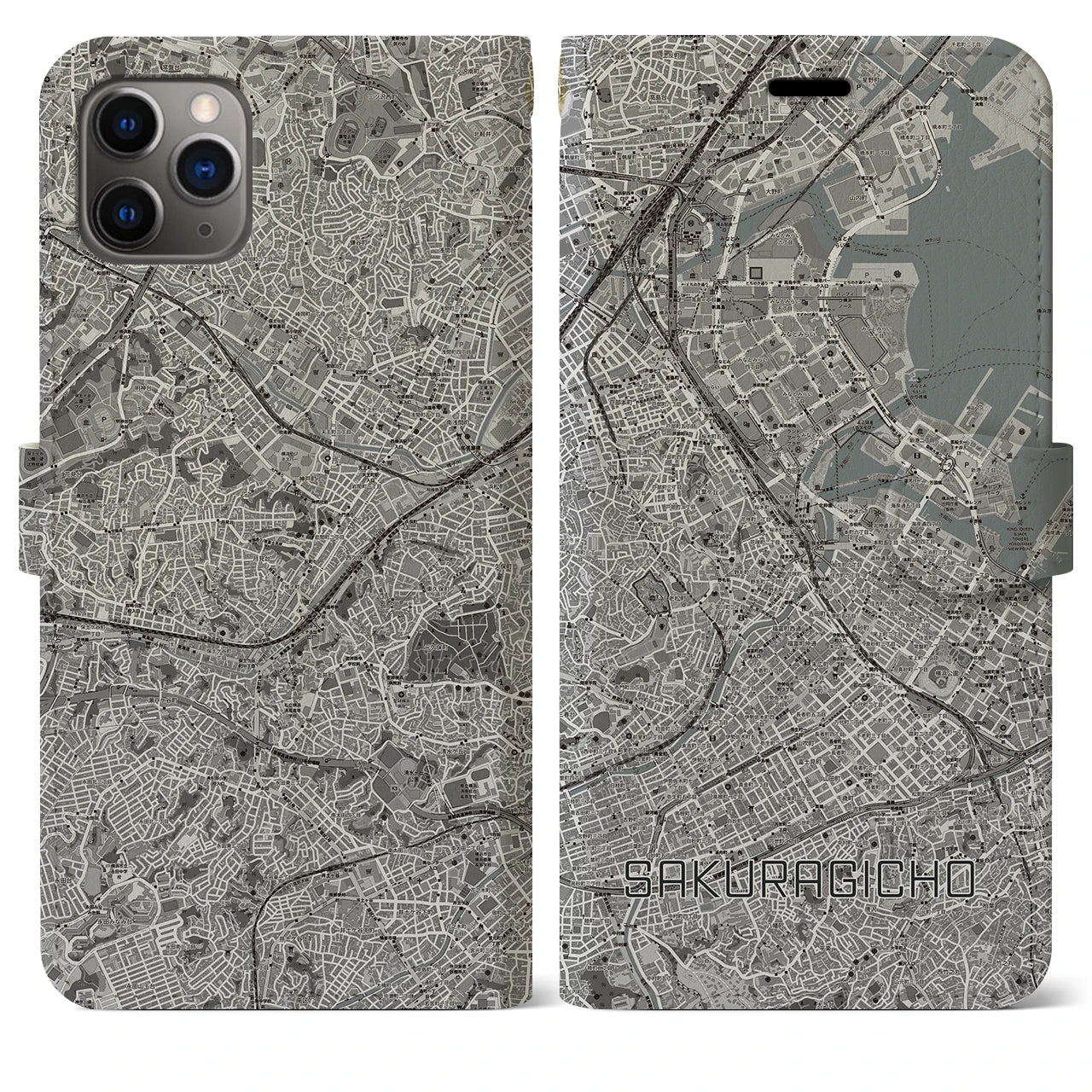 【桜木町(神奈川県)】地図柄iPhoneケース(手帳タイプ)モノトーン・iPhone 11 Pro Max 用