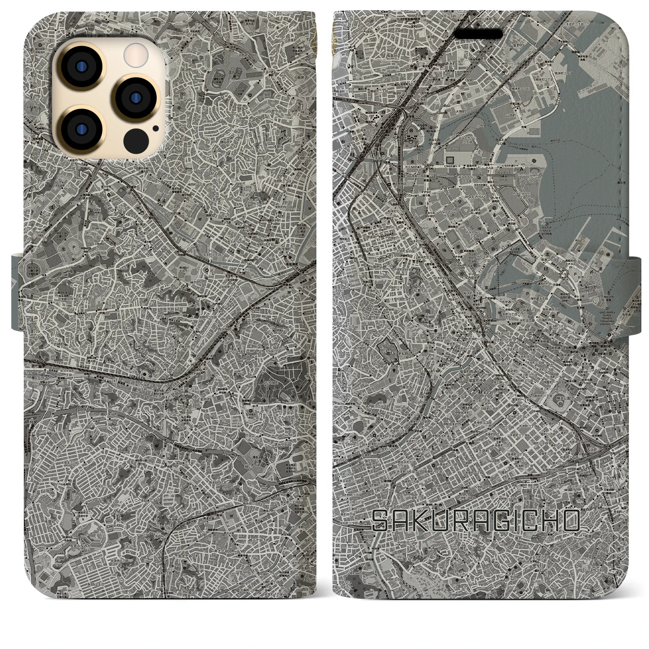 【桜木町(神奈川県)】地図柄iPhoneケース(手帳タイプ)モノトーン・iPhone 12 Pro Max 用
