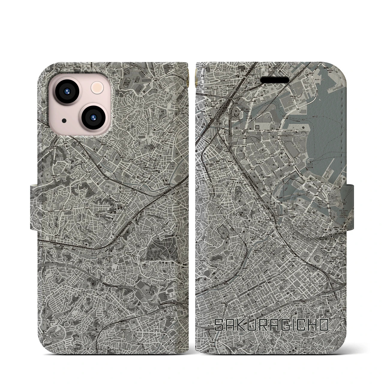 【桜木町(神奈川県)】地図柄iPhoneケース(手帳タイプ)モノトーン・iPhone 13 mini 用