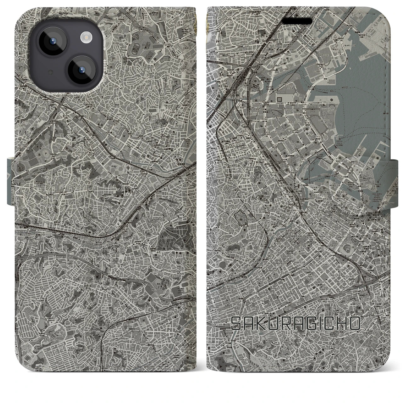 【桜木町(神奈川県)】地図柄iPhoneケース(手帳タイプ)モノトーン・iPhone 14 Plus 用