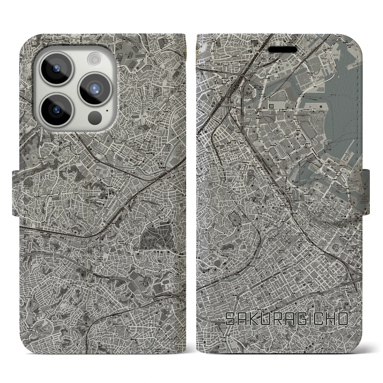 【桜木町(神奈川県)】地図柄iPhoneケース(手帳タイプ)モノトーン・iPhone 15 Pro 用