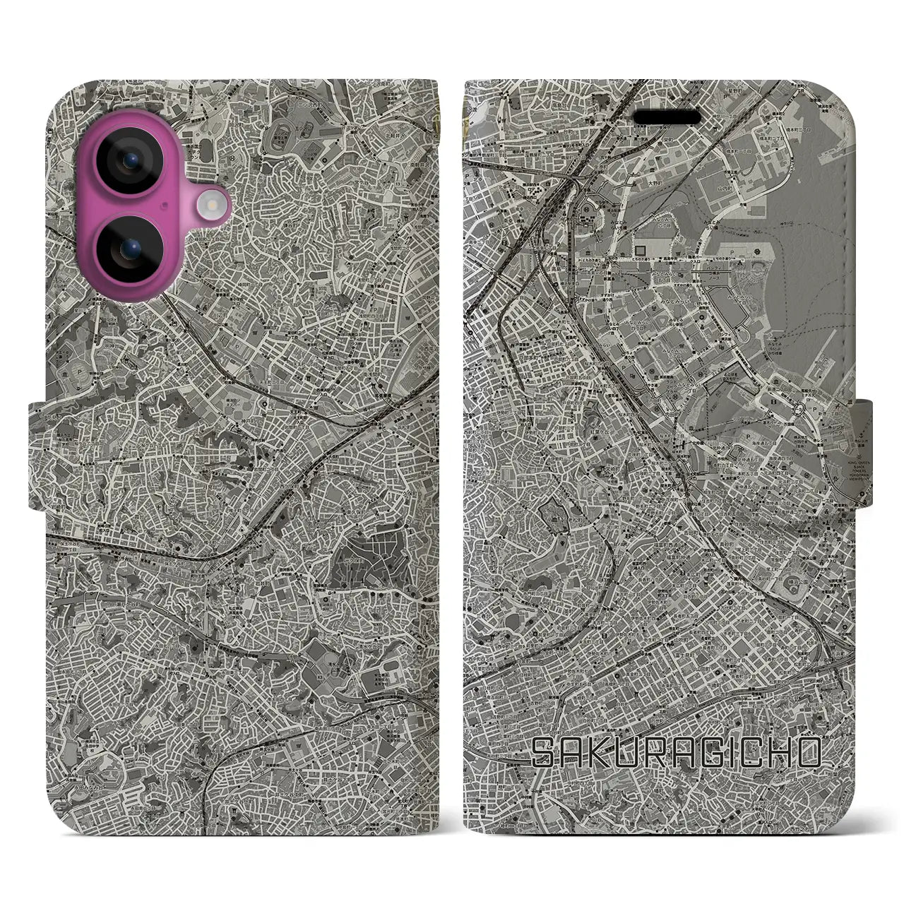 【桜木町(神奈川県)】地図柄iPhoneケース(手帳タイプ)モノトーン・iPhone 16 Pro 用