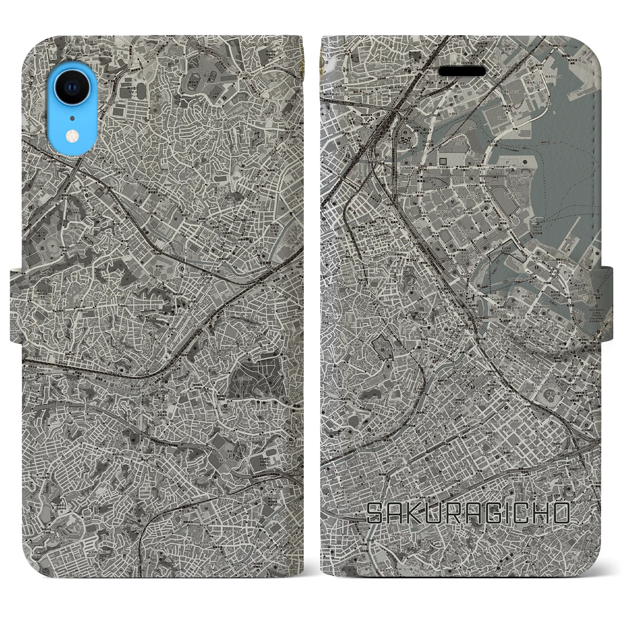【桜木町(神奈川県)】地図柄iPhoneケース(手帳タイプ)モノトーン・iPhone XR 用