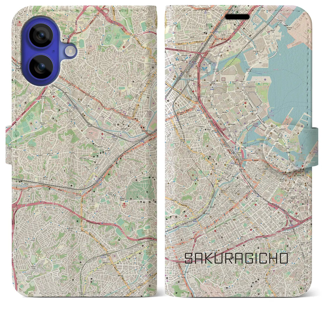 【桜木町(神奈川県)】地図柄iPhoneケース(手帳タイプ)ナチュラル・iPhone 16 Pro Max 用