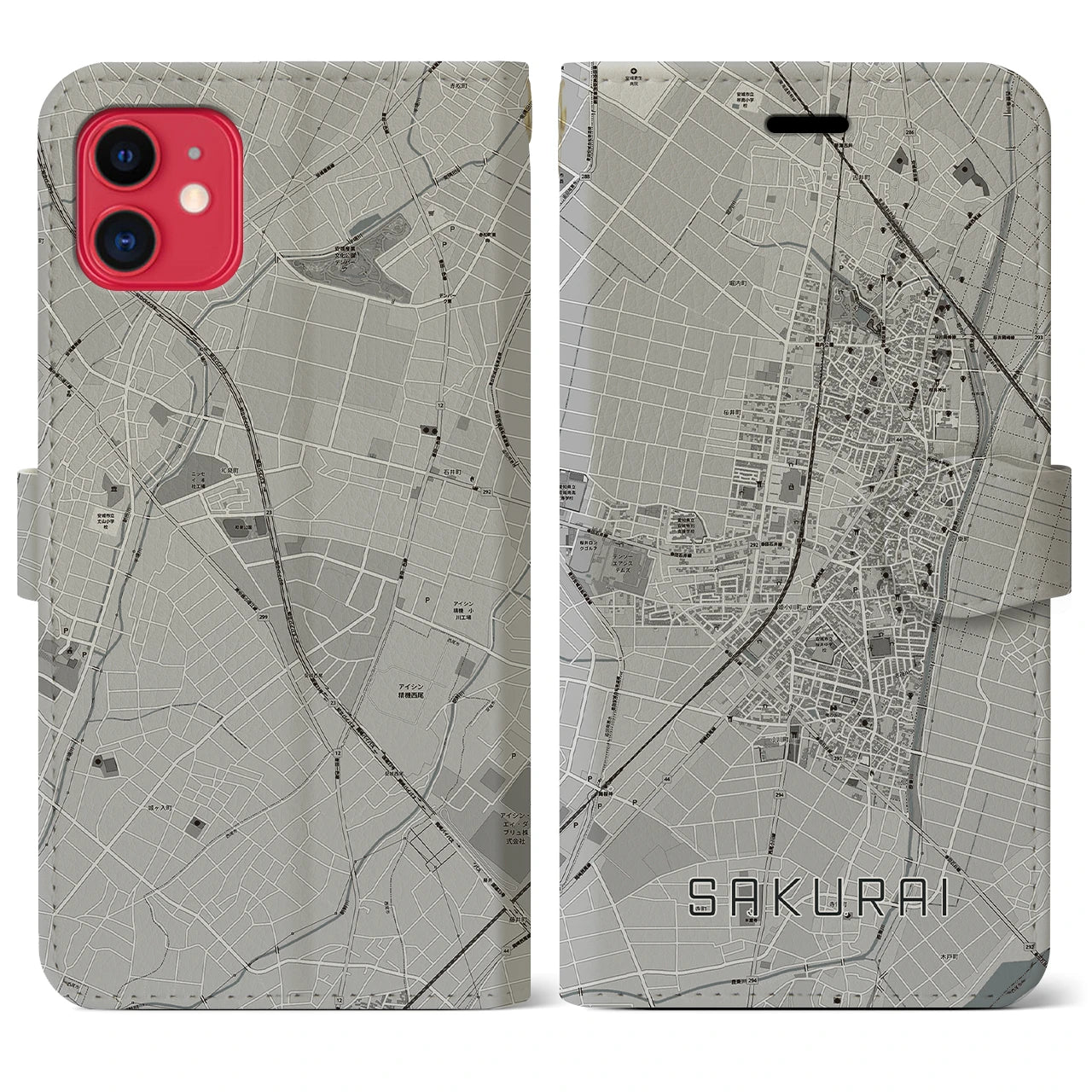 【桜井(愛知県)】地図柄iPhoneケース(手帳タイプ)モノトーン・iPhone 11 用