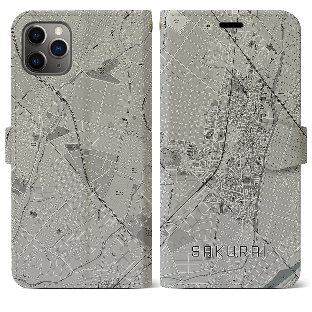 【桜井(愛知県)】地図柄iPhoneケース(手帳タイプ)モノトーン・iPhone 11 Pro Max 用