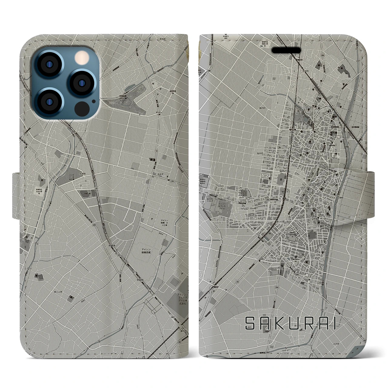 【桜井(愛知県)】地図柄iPhoneケース(手帳タイプ)モノトーン・iPhone 12 / 12 Pro 用