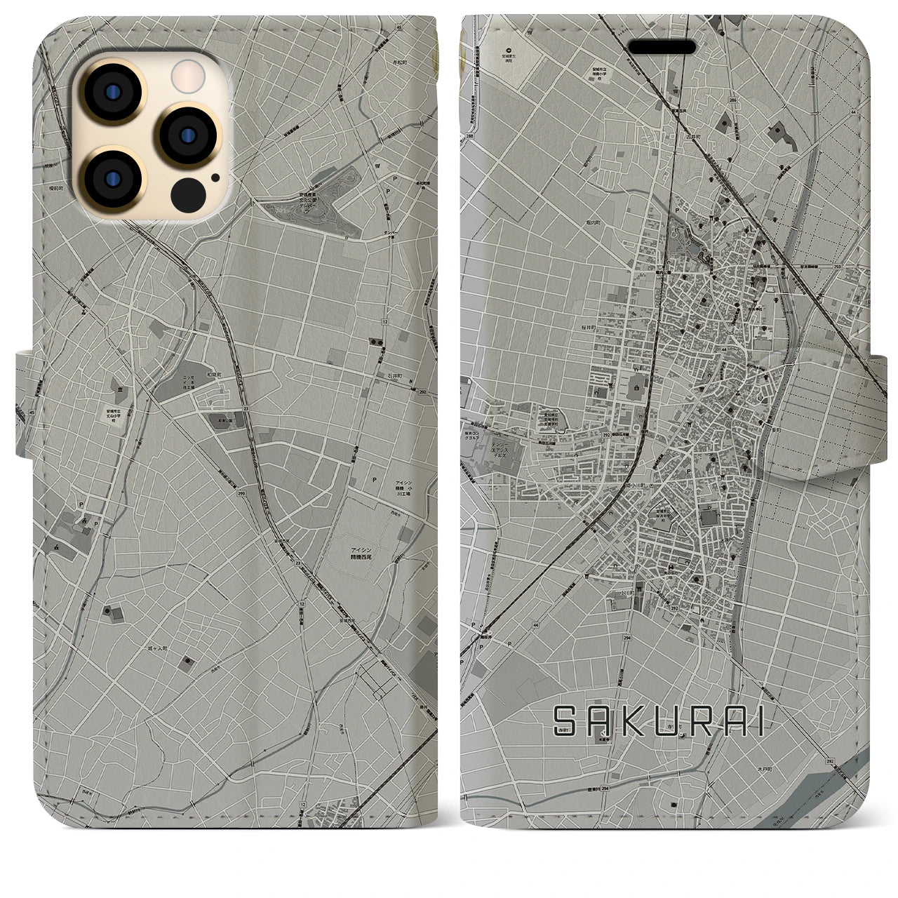 【桜井(愛知県)】地図柄iPhoneケース(手帳タイプ)モノトーン・iPhone 12 Pro Max 用