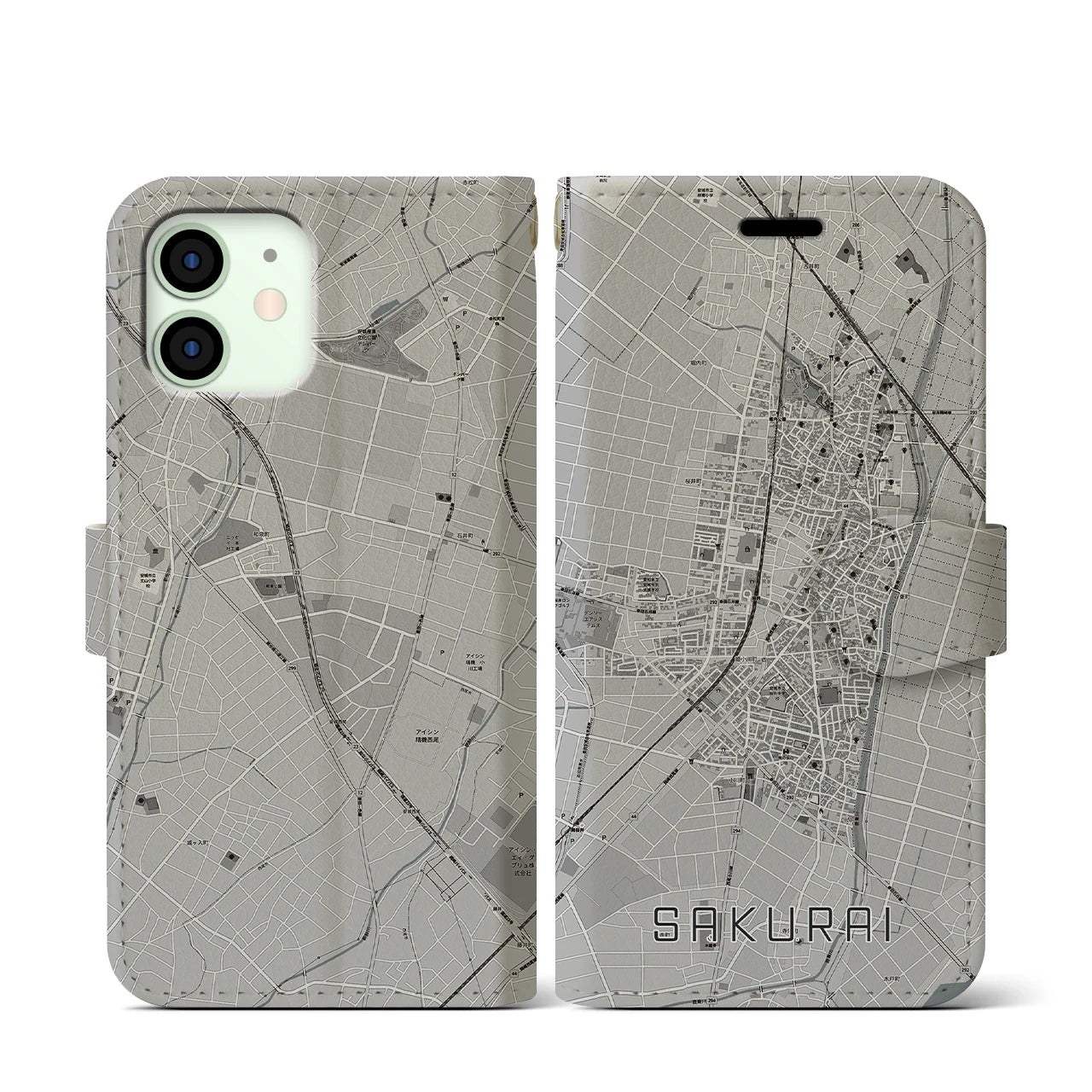 【桜井(愛知県)】地図柄iPhoneケース(手帳タイプ)モノトーン・iPhone 12 mini 用