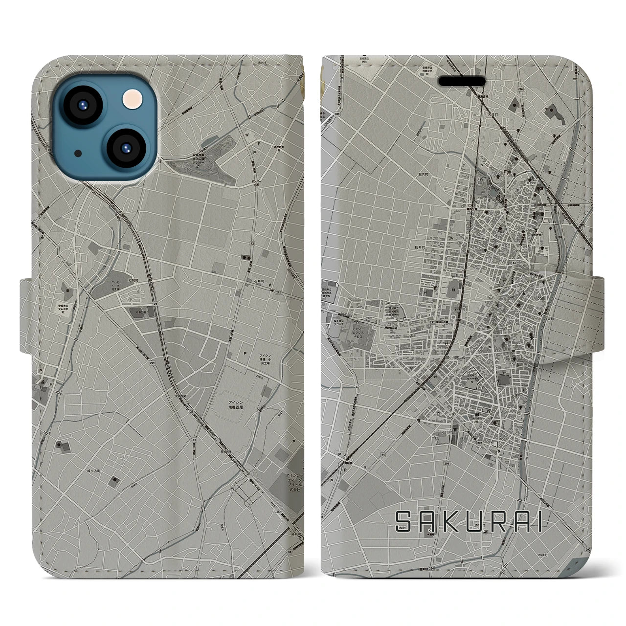 【桜井(愛知県)】地図柄iPhoneケース(手帳タイプ)モノトーン・iPhone 13 用
