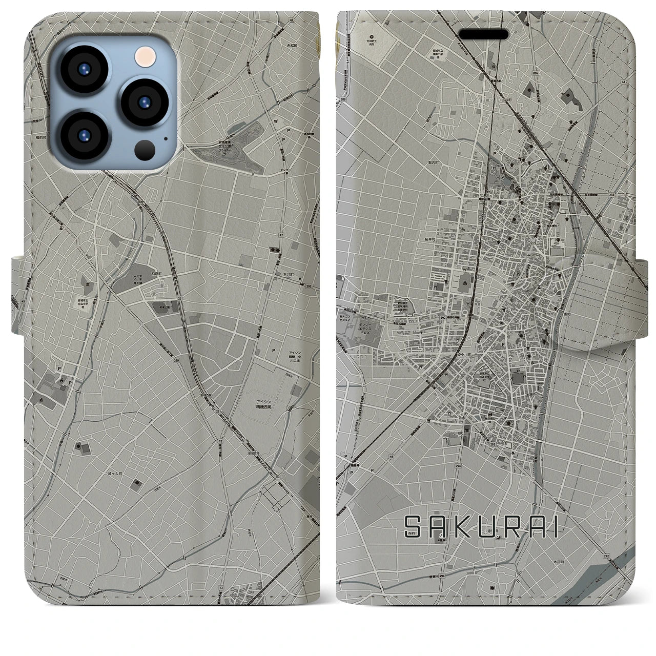 【桜井(愛知県)】地図柄iPhoneケース(手帳タイプ)モノトーン・iPhone 13 Pro Max 用