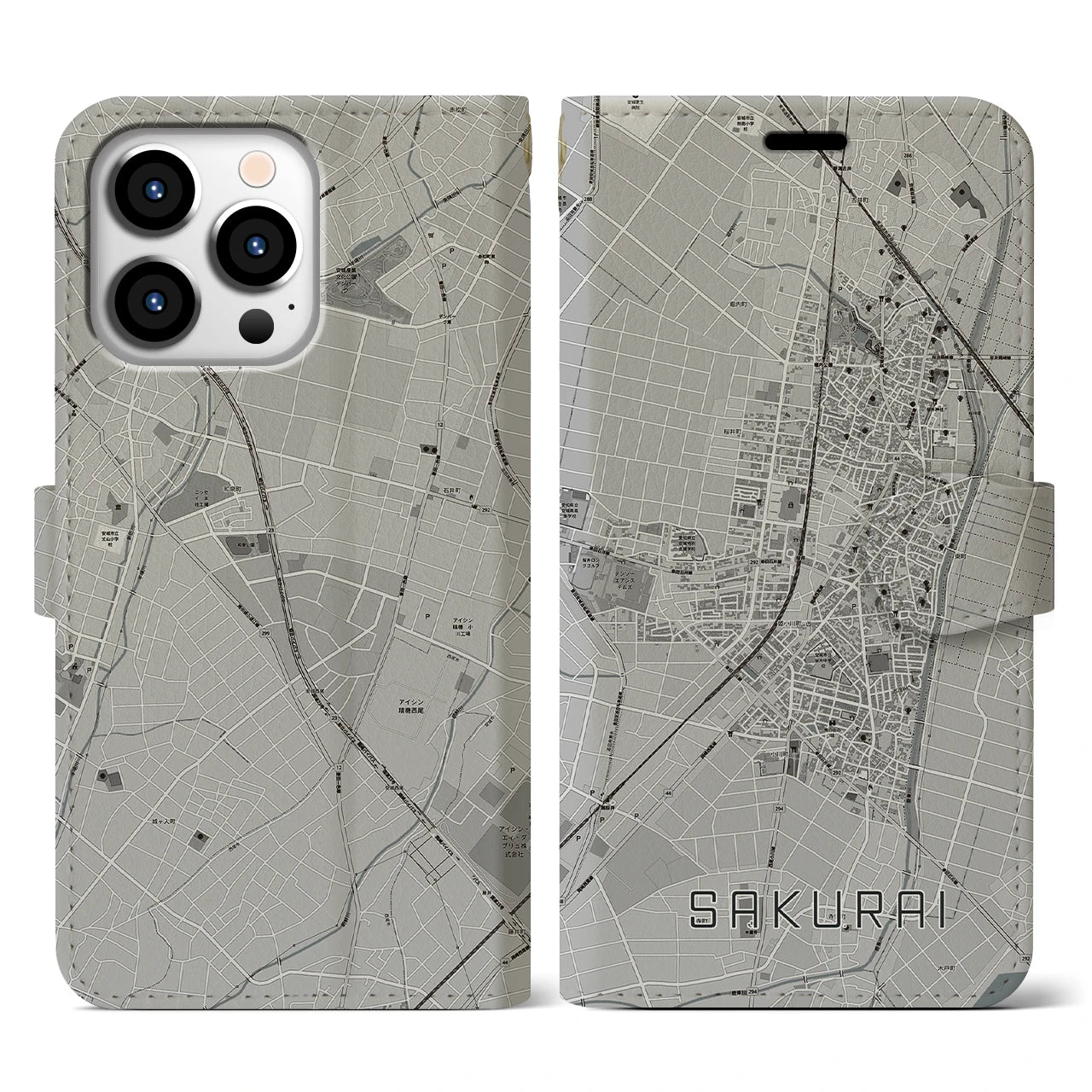 【桜井(愛知県)】地図柄iPhoneケース(手帳タイプ)モノトーン・iPhone 13 Pro 用