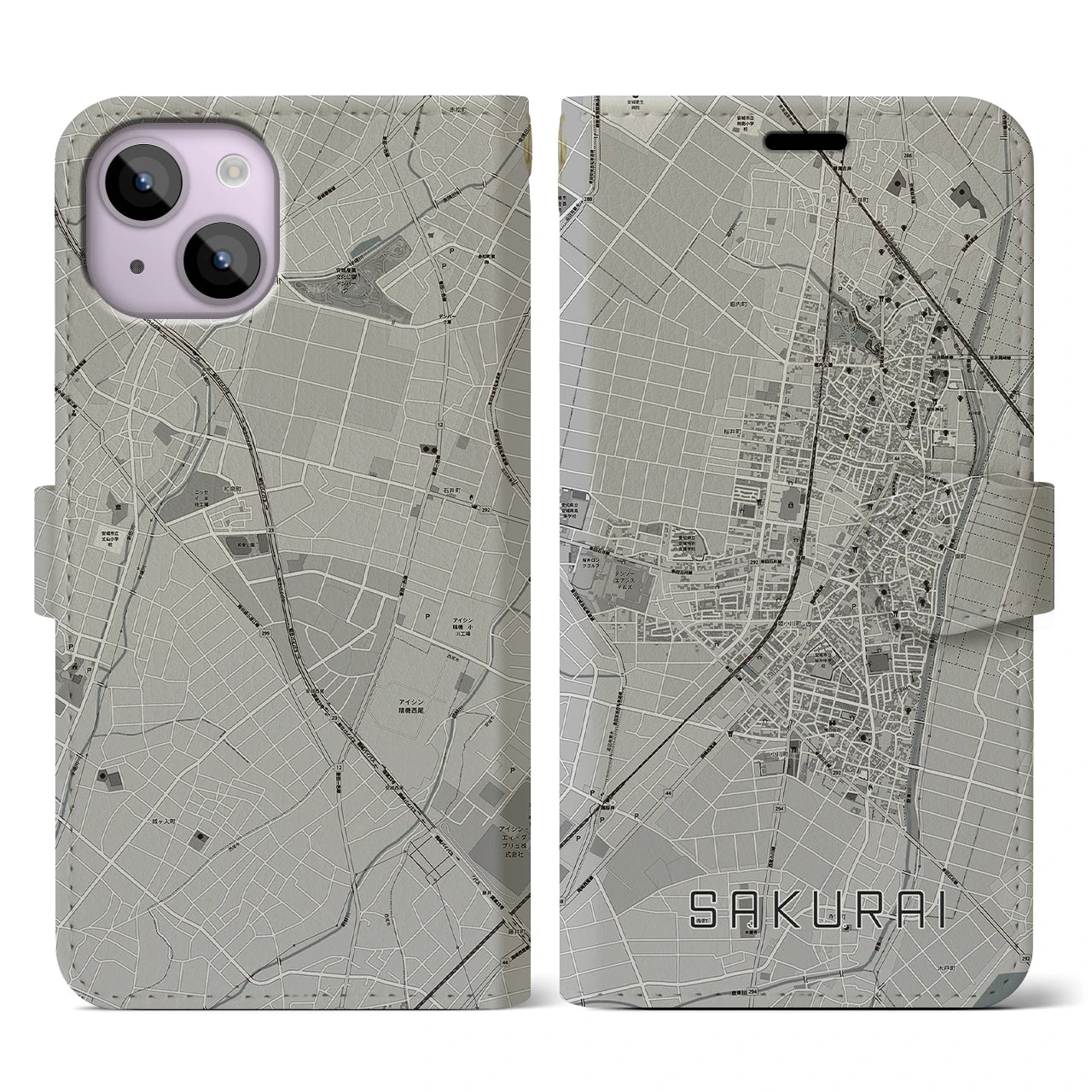 【桜井(愛知県)】地図柄iPhoneケース(手帳タイプ)モノトーン・iPhone 14 用