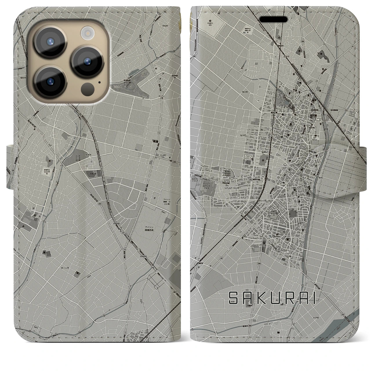 【桜井(愛知県)】地図柄iPhoneケース(手帳タイプ)モノトーン・iPhone 14 Pro Max 用