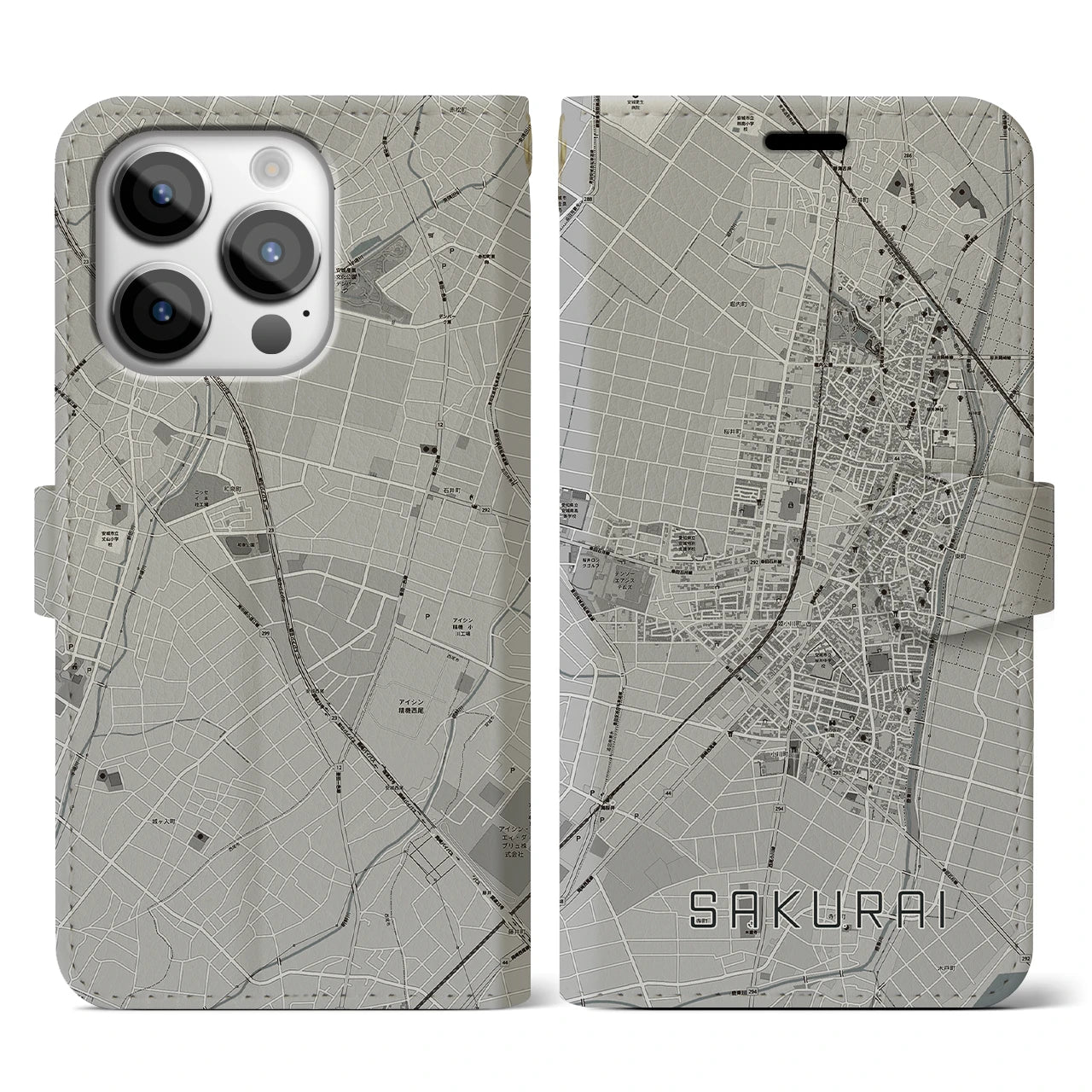 【桜井(愛知県)】地図柄iPhoneケース(手帳タイプ)モノトーン・iPhone 14 Pro 用